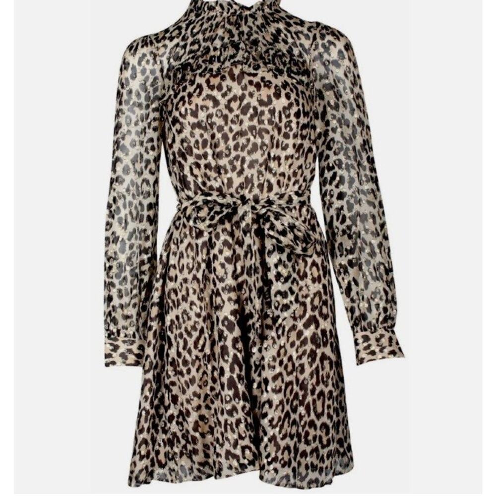 Kate Spade New York Leopard Print Silk Chiffon Metallic Shift Mini Dress Sz 6